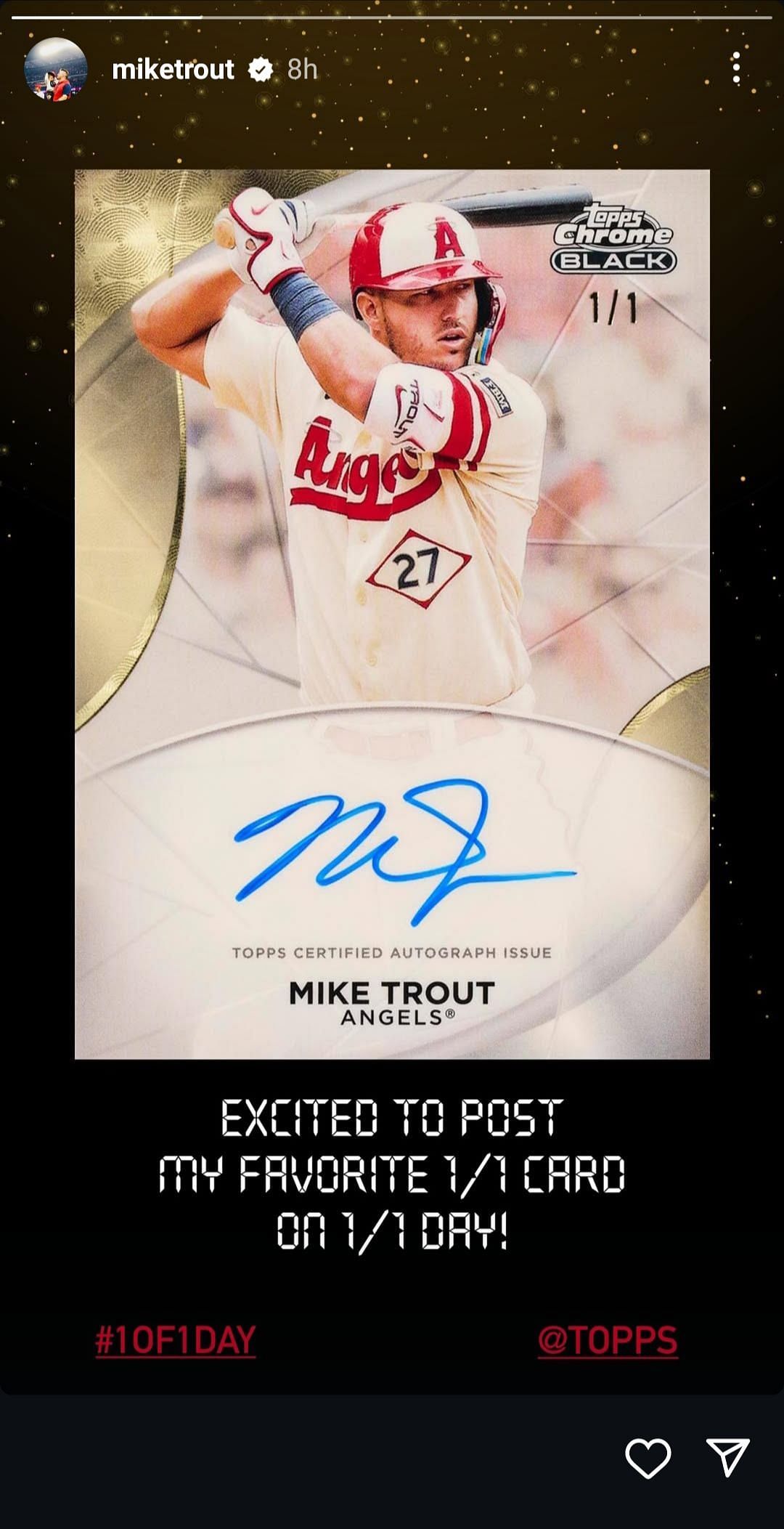 Mike Trout shares the first look of the 1/1 card with his autograph. Source - Instagram/@miketrout