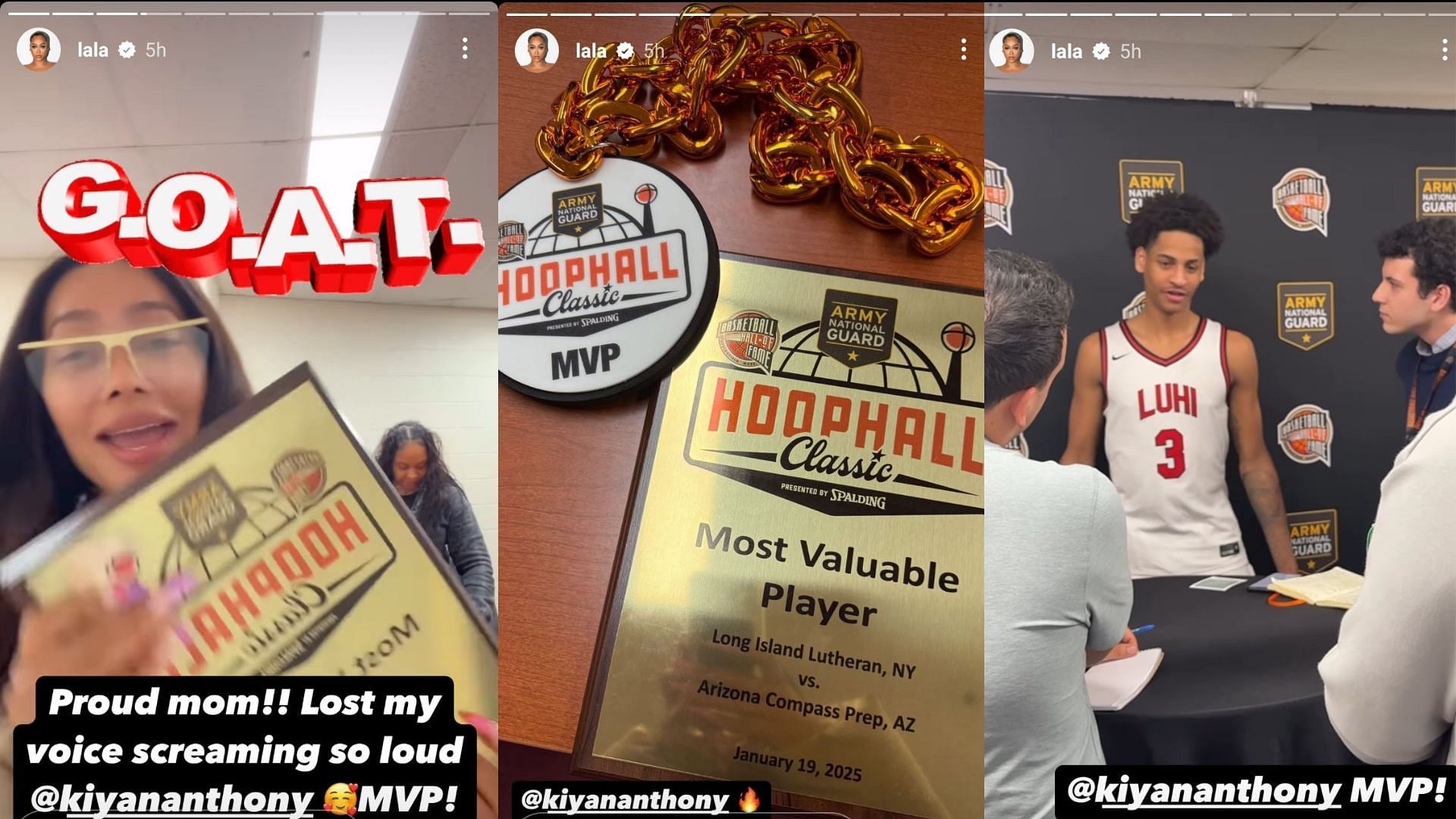 La La Anthony celebrated Kiyan Anthony&#039;s MVP win at the Hoophall Classic by posting a series of snaps and videos on her Instagram stories. Source: Instagram/@lala