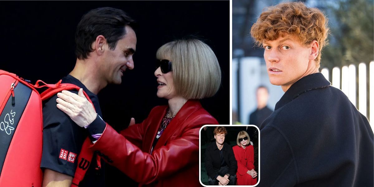 Roger Federer and Anna Wintour (L), Jannik Sinner (R), Sinner and Wintour at Milan Fashion Week (inset) - Image Source: Getty