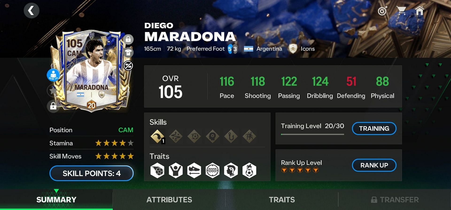 EA FC Mobile TOTY 25 Diego Maradona, orange-ranked, 20 levels trained; Overall stat summary (Image via EA Sports)