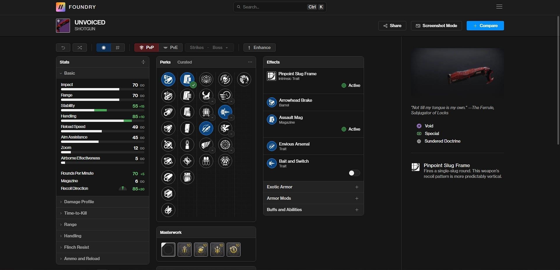 Unvoiced PvE god roll (Image via Bungie/Destiny Foundry)