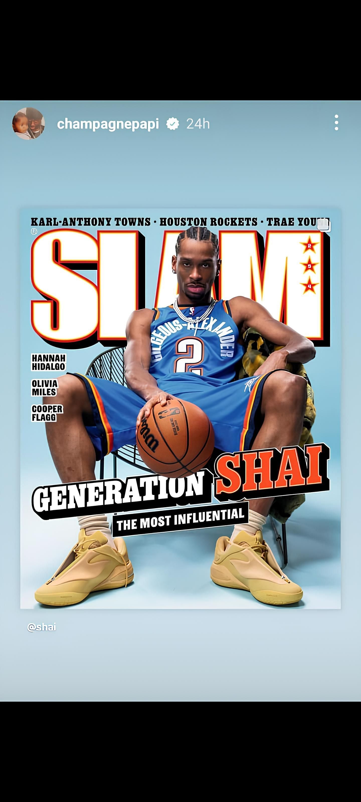 Drake sharing SLAM magazine&#039;s latest issue featuring Shai Gilgeous-Alexander on his Instagram story - Source: Instagram