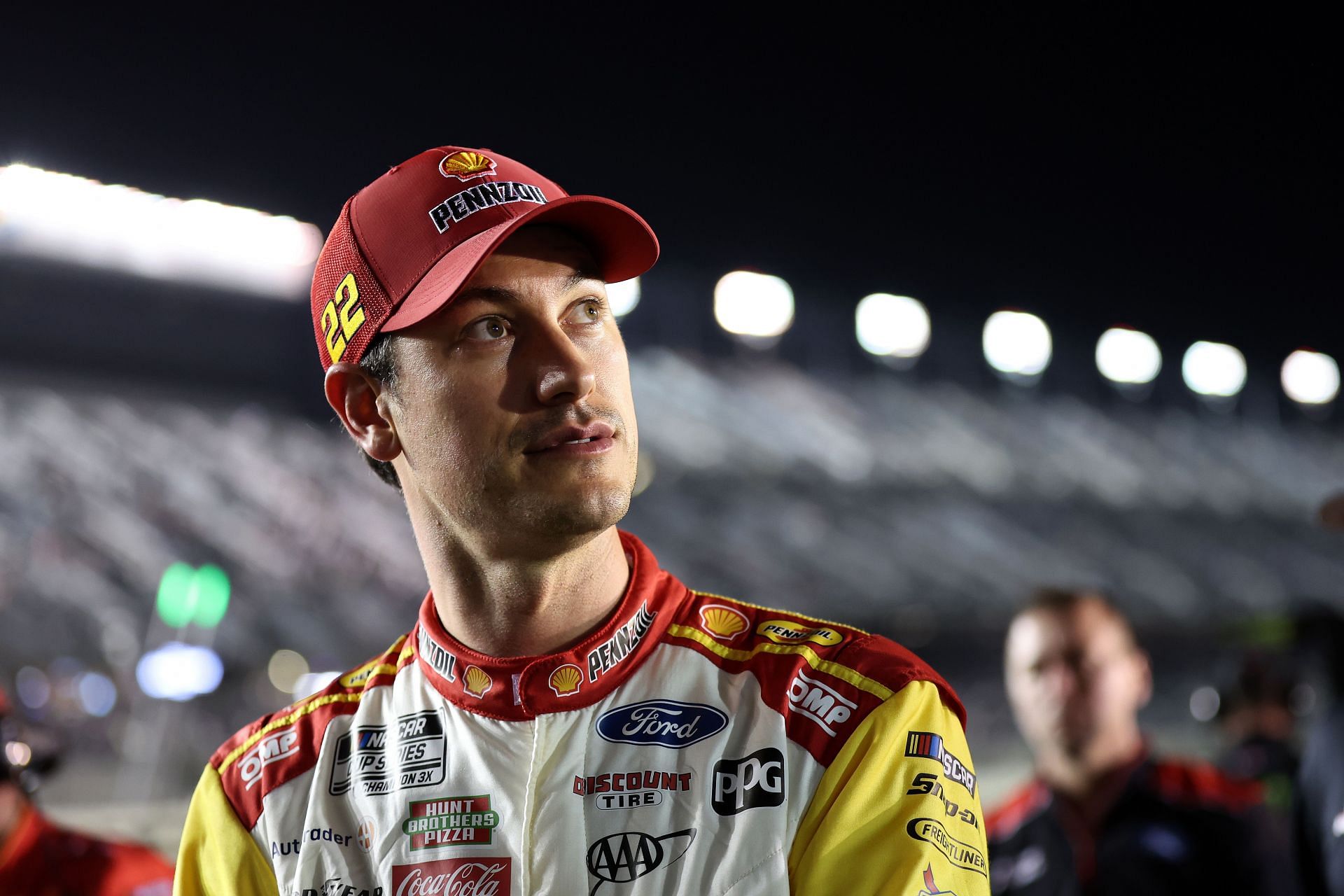 DAYTONA BEACH, FLORIDA - FEBRUARY 12: Joey Logano, driver of the #22 Shell Pennzoil Ford looks on during qualifying for the NASCAR Cup Series Daytona 500 at Daytona International Speedway on February 12, 2025 in Daytona Beach, Florida. (Photo by Meg Oliphant/Getty Images) - Source: Getty