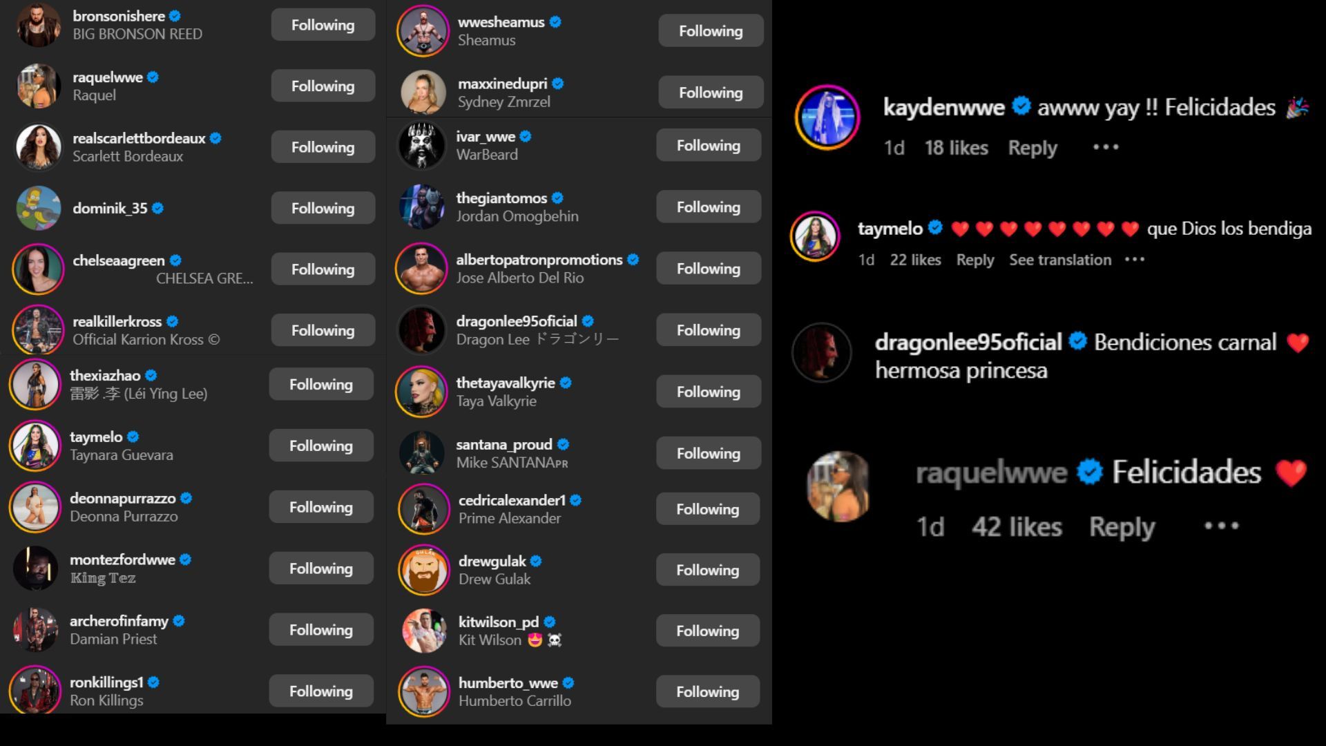 Screenshots of stars&#039; likes and comments [Image credit: Angel Garza&#039;s Instagram handle]