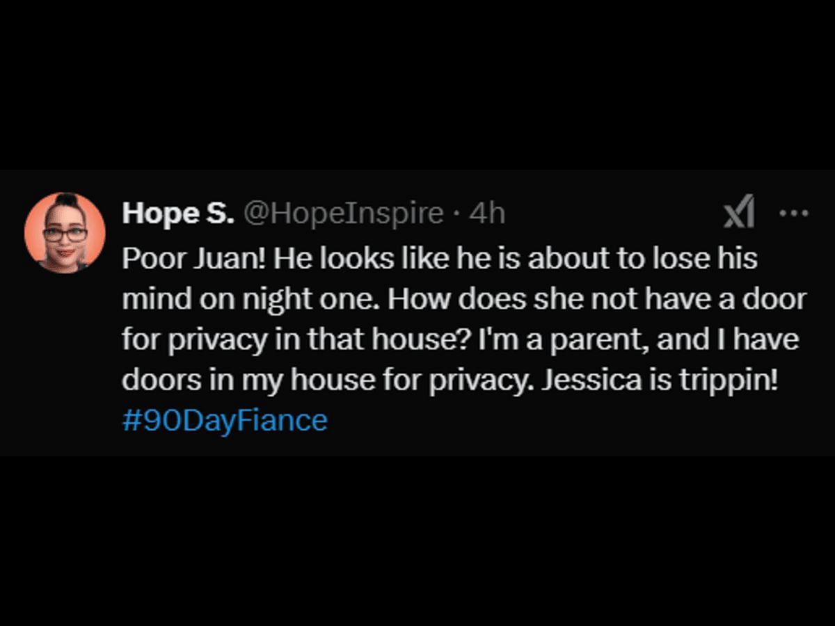 A 90 Day Fiance fan reacts to Jessica and Juan&#039;s doorless bedroom (Image via X/@HopeInspire)