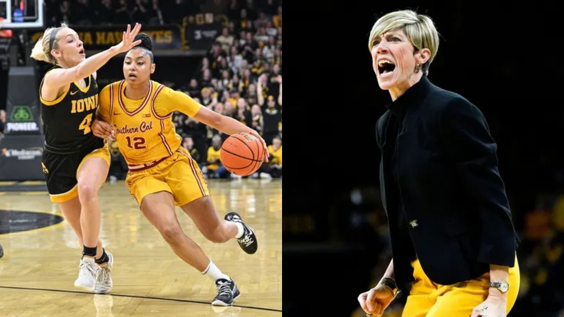 USC star JuJu Watkins in action against the Iowa Hawkeyes; Iowa coach Jan Jensen. Source: Imagn