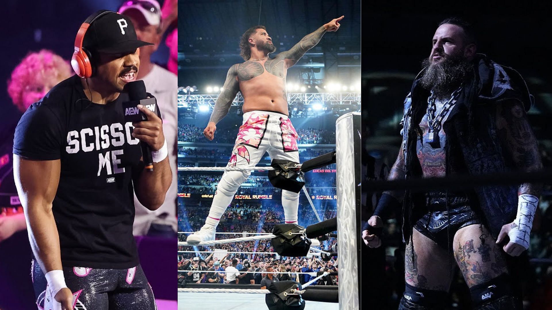 Max Caster (left), Jey Uso (center) and Brody King (right). (Image credits: AEW YouTube channel &amp; wwe.com)