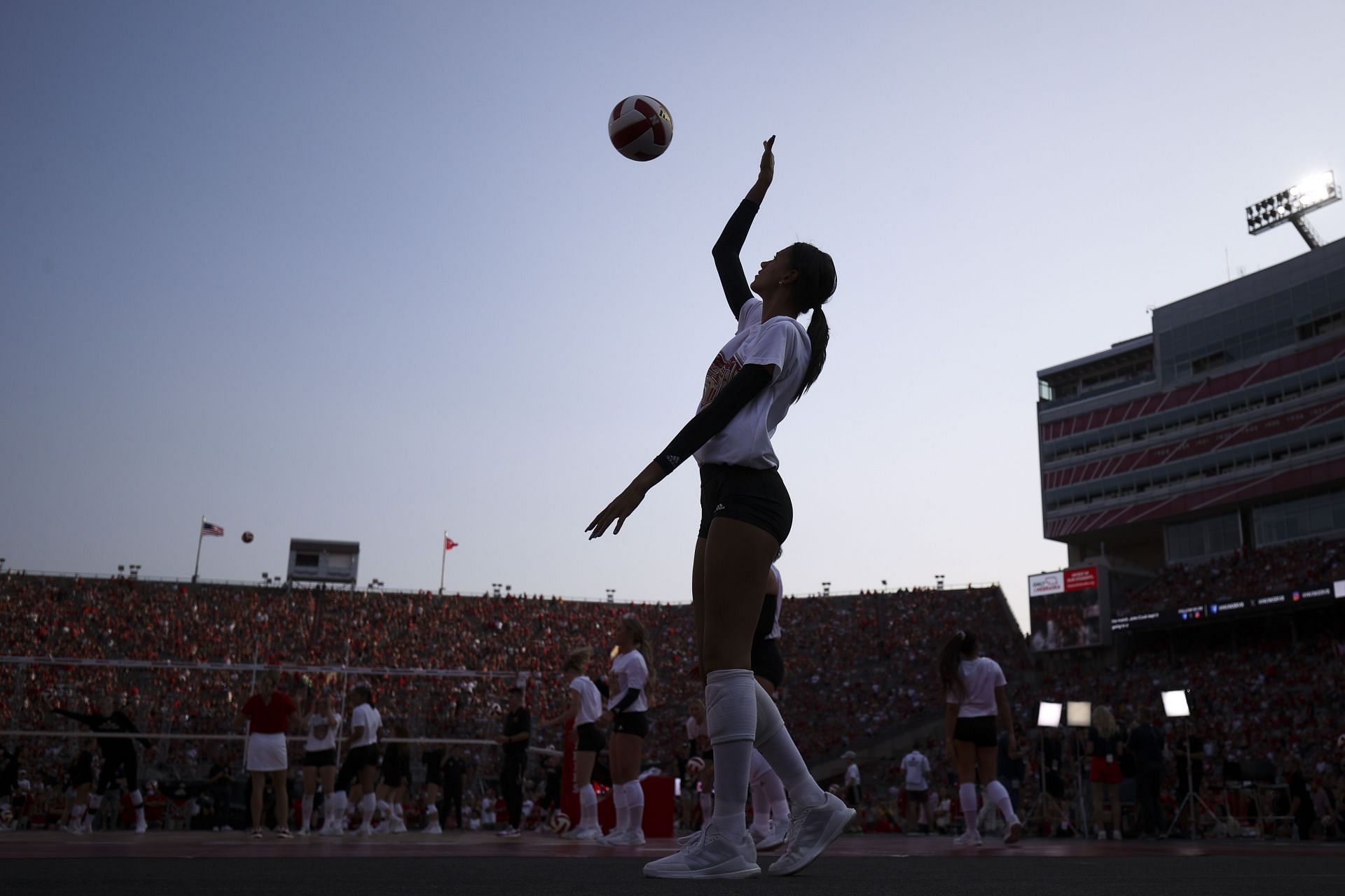 Harper Murray before game against Omaha Mavericks during Nebraska Volleyball Day 2023 (Photo by Tyler Schank/NCAA Photos via Getty Images)