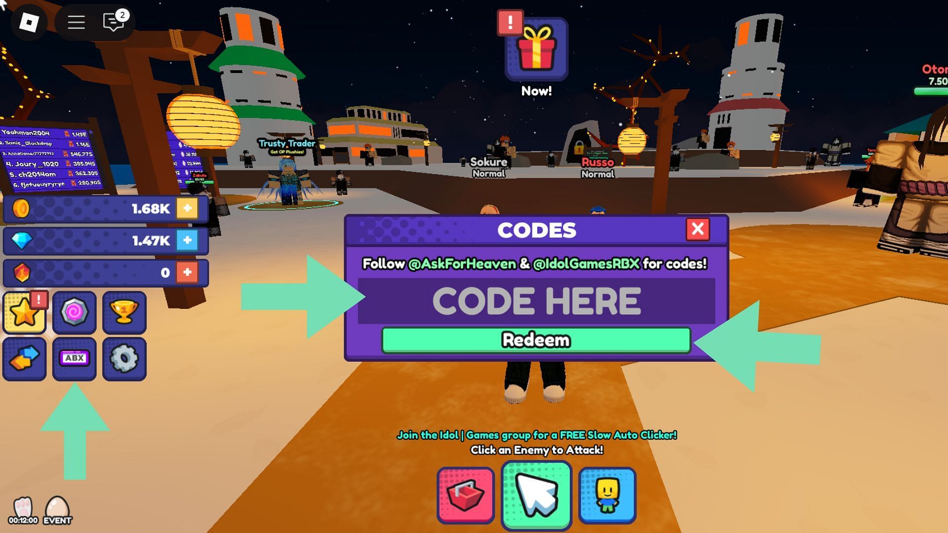 Press the &quot;ABX&quot; icon to open the code redemption window (Image via Roblox)