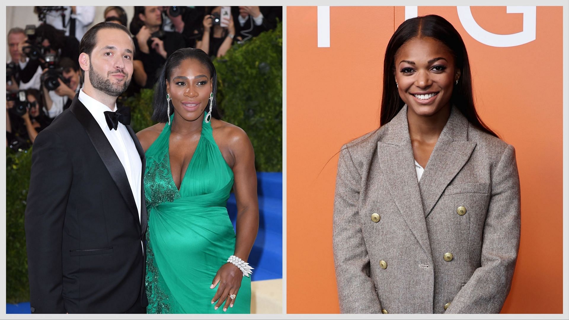 Serena Williams with her husband Alexis Ohanian (Left) and Gabby Thomas (Right)