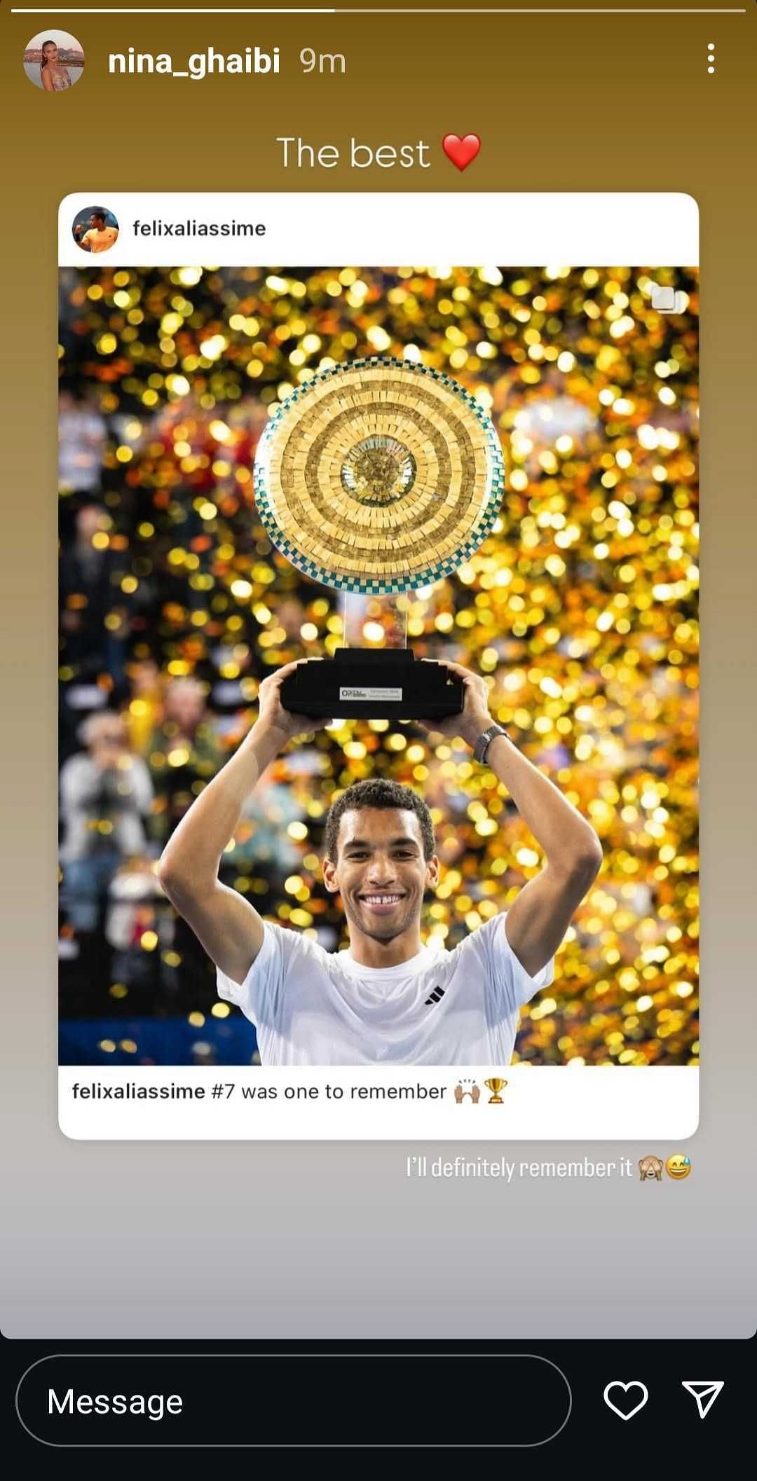 Felix Auger-Aliassime&#039;s fiancee reacts to Canadian&#039;s victory in Montpellier, (Source: Instagram)