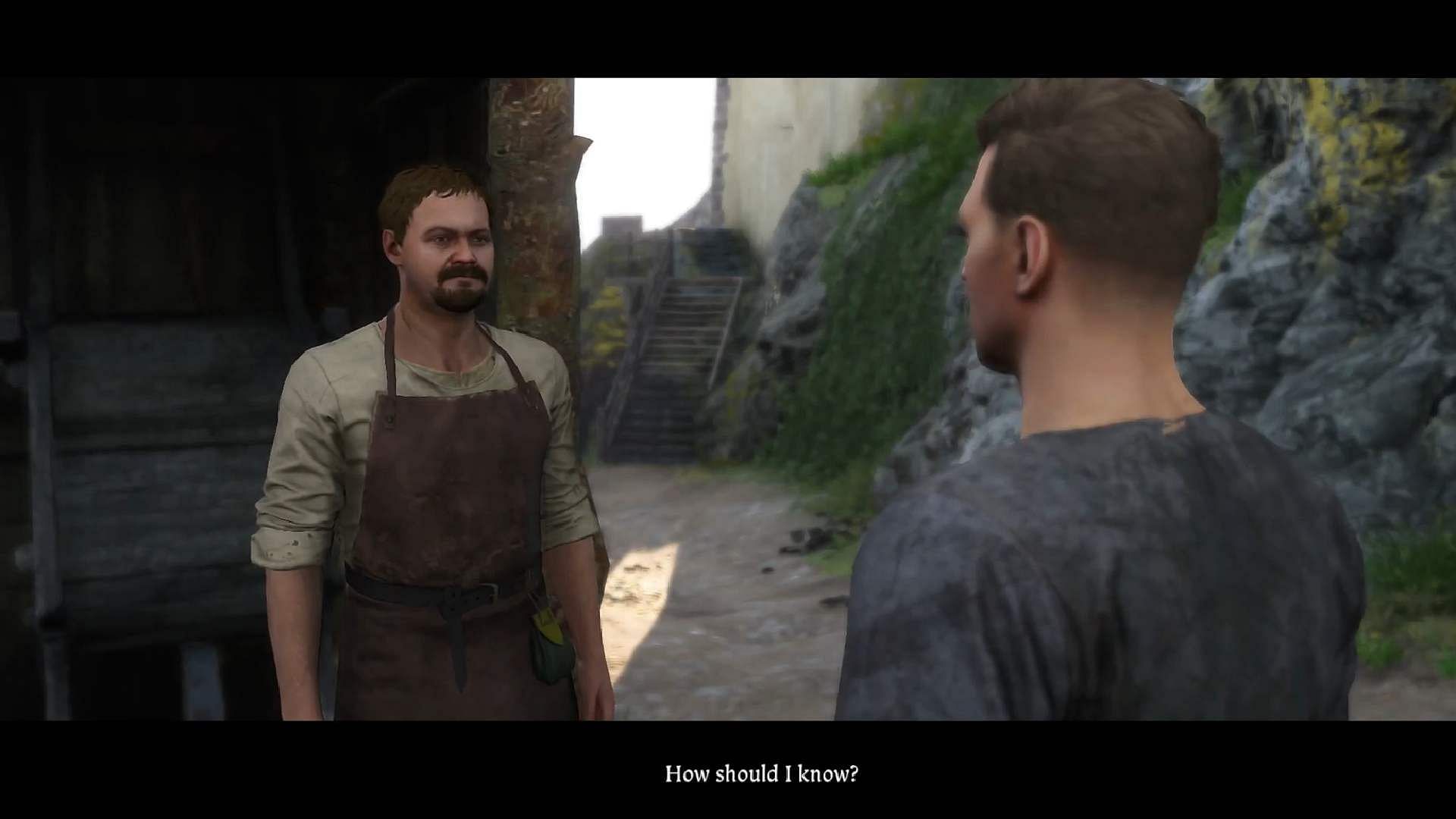 A cutscene where Henry has a conversation with the blacksmith from the &quot;For Whom the Bell Tolls&quot; quest (Image via Deep Silver/YouTube@Guides Gamepressure)