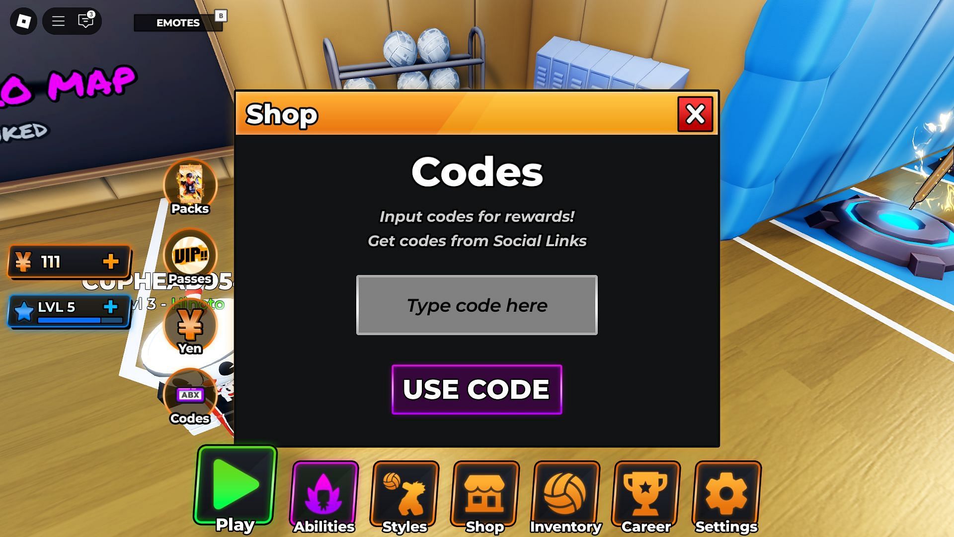 You will find the code option inside the Shop window (Image via Roblox)