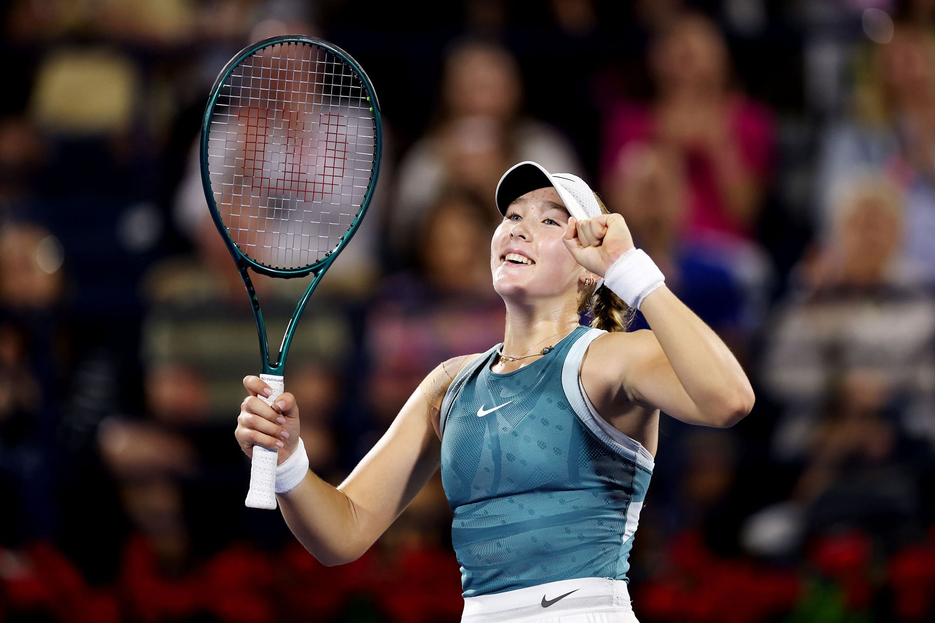 Mirra Andreeva celebrates victory over Elena Rybakina of Kazakhstan in their semi final match during day six of the Dubai Duty Free Tennis Championships - Source: Getty