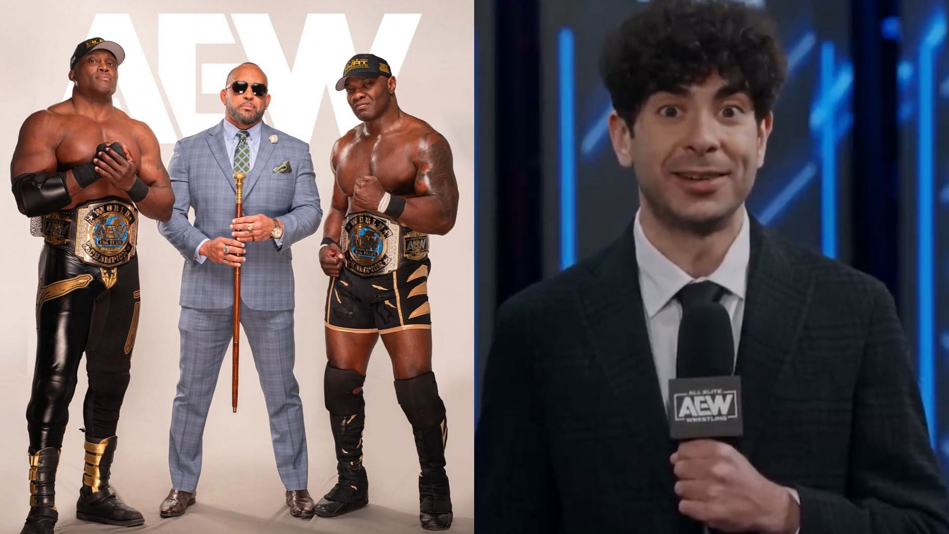 The Hurt Syndicate (left) and Tony Khan (right) (Image credits: AEW&rsquo;s Instagram and YouTube)