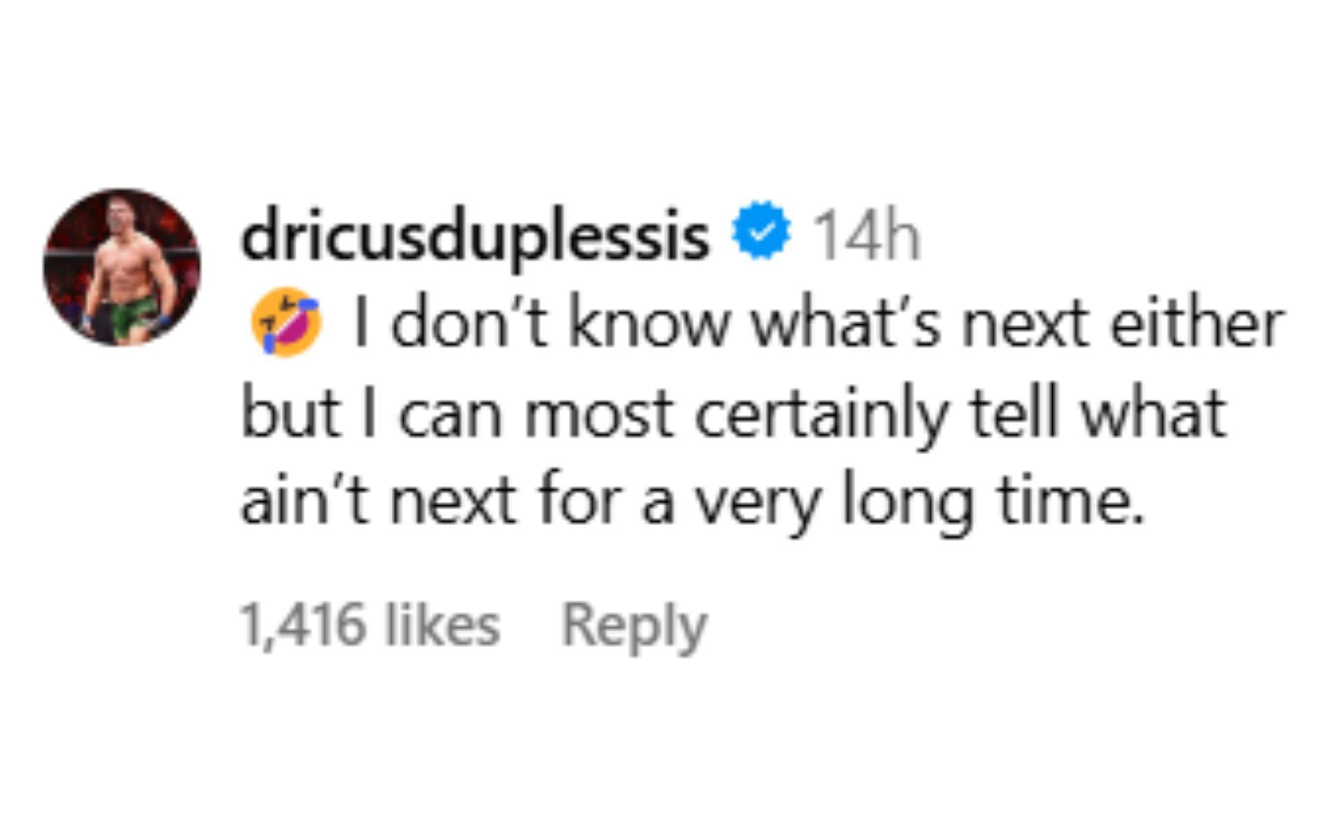 Screenshot of Dricus du Plessis&#039; comment under Brendan Allen&#039;s Instagram post