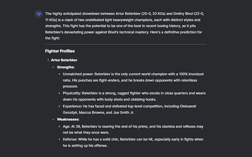 Screenshot of DeepSeek's AI prediction for Artur Beterbiev vs. Dmitry Bivol 2