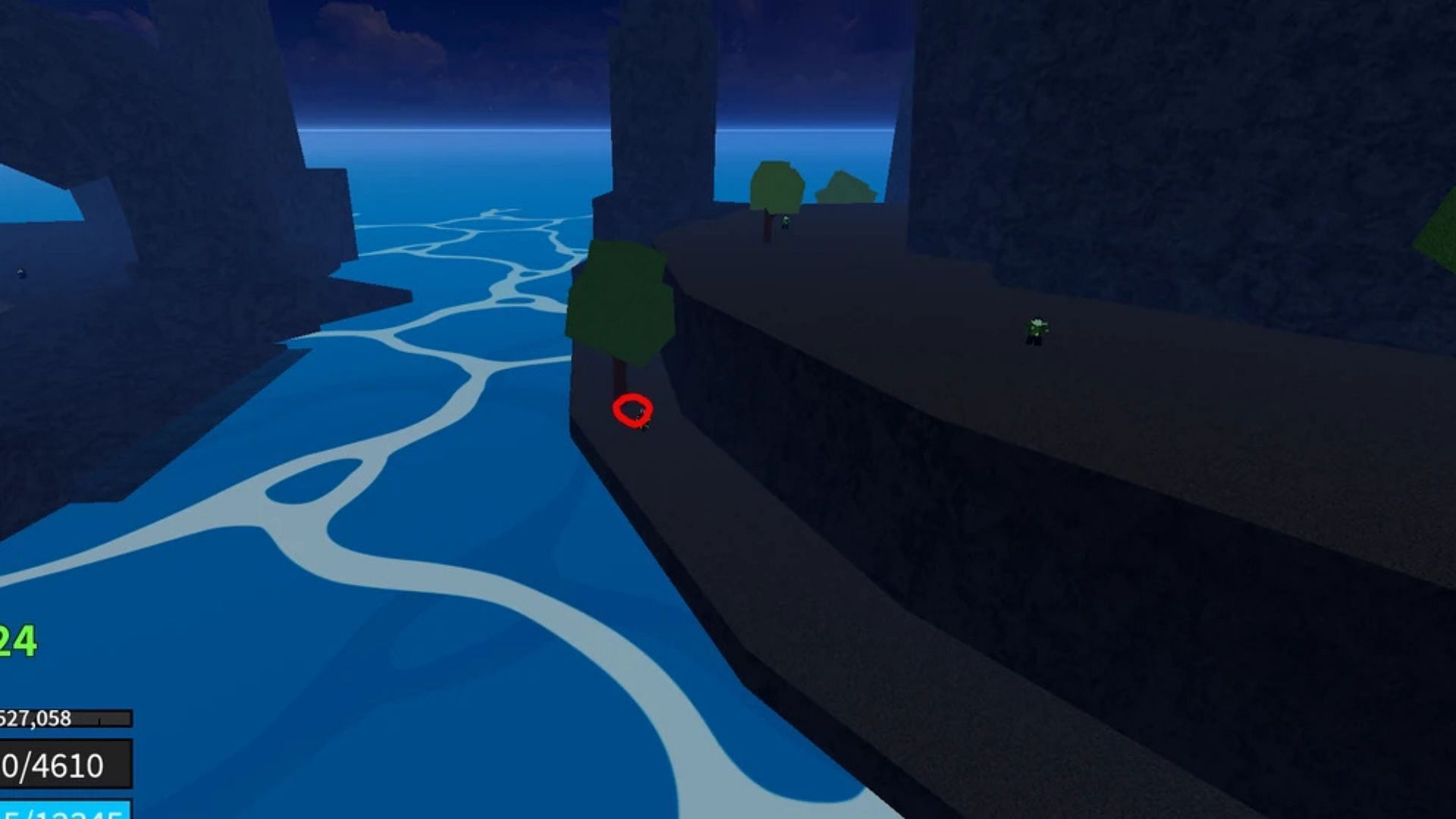 Find a Blue Flower under the tree on the edge of the island (Image via Roblox)