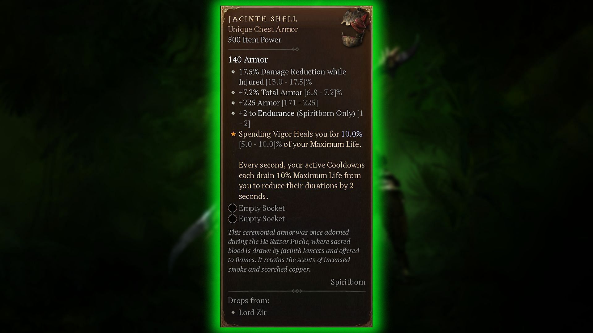 Stats and Unique Effects of Jacinth Shell (Image via Blizzard Entertainment)