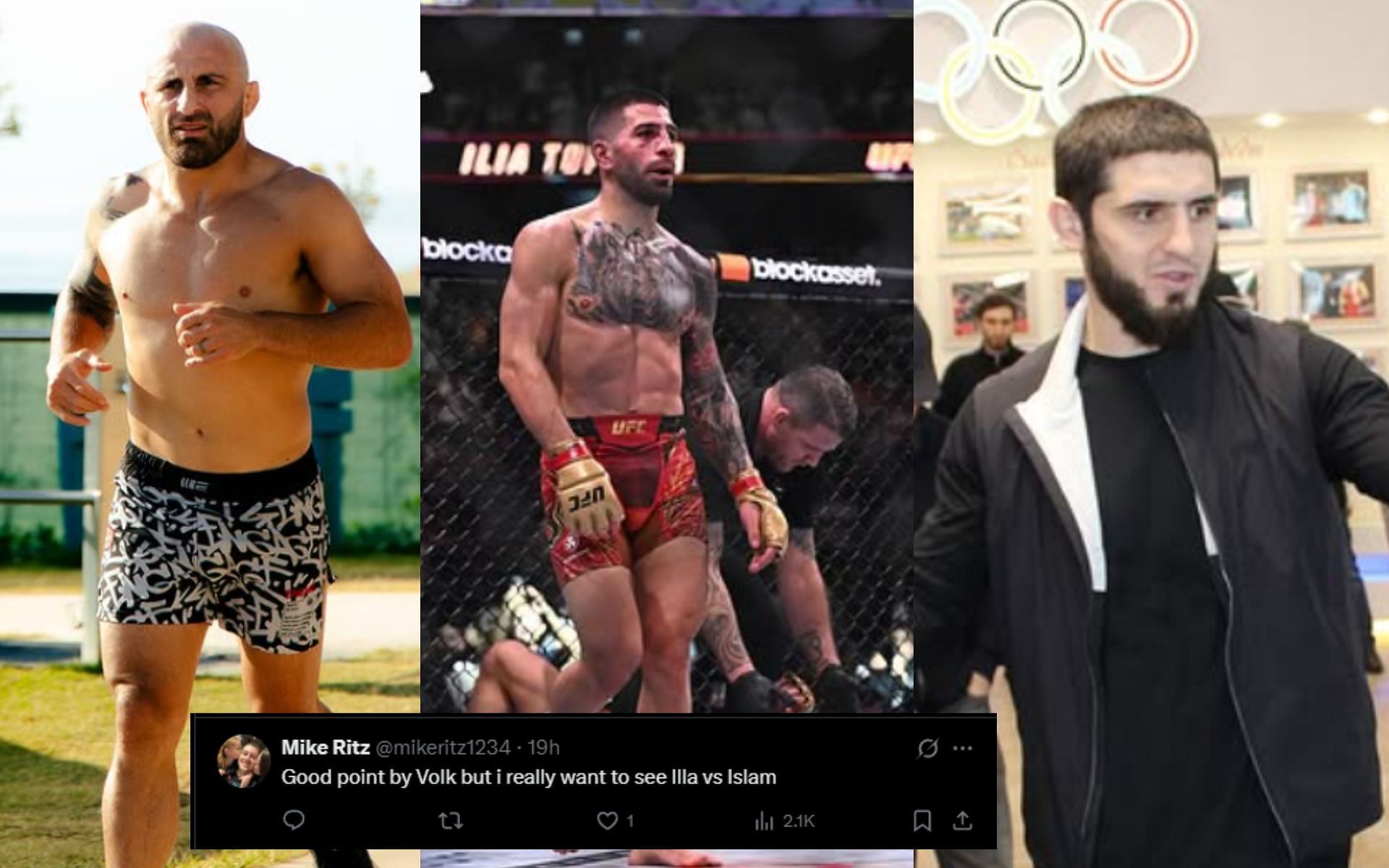 Alexander Volkanovski (left) shares his thoughts on Ilia Topuria (middle) vs Islam Makhachev