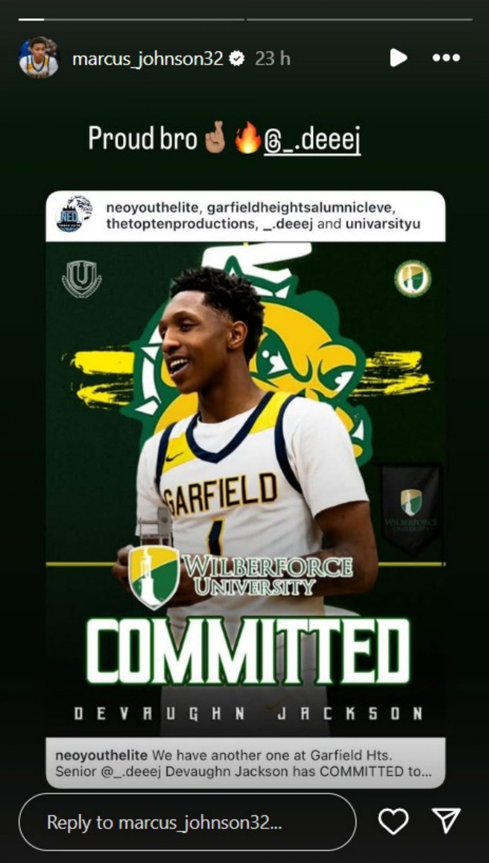 Ohio State commit Marcus Johnson reacts to DeVaughn Jackson&#039;s Wilberforce commitment (Image: IG/marcus_johnson32)