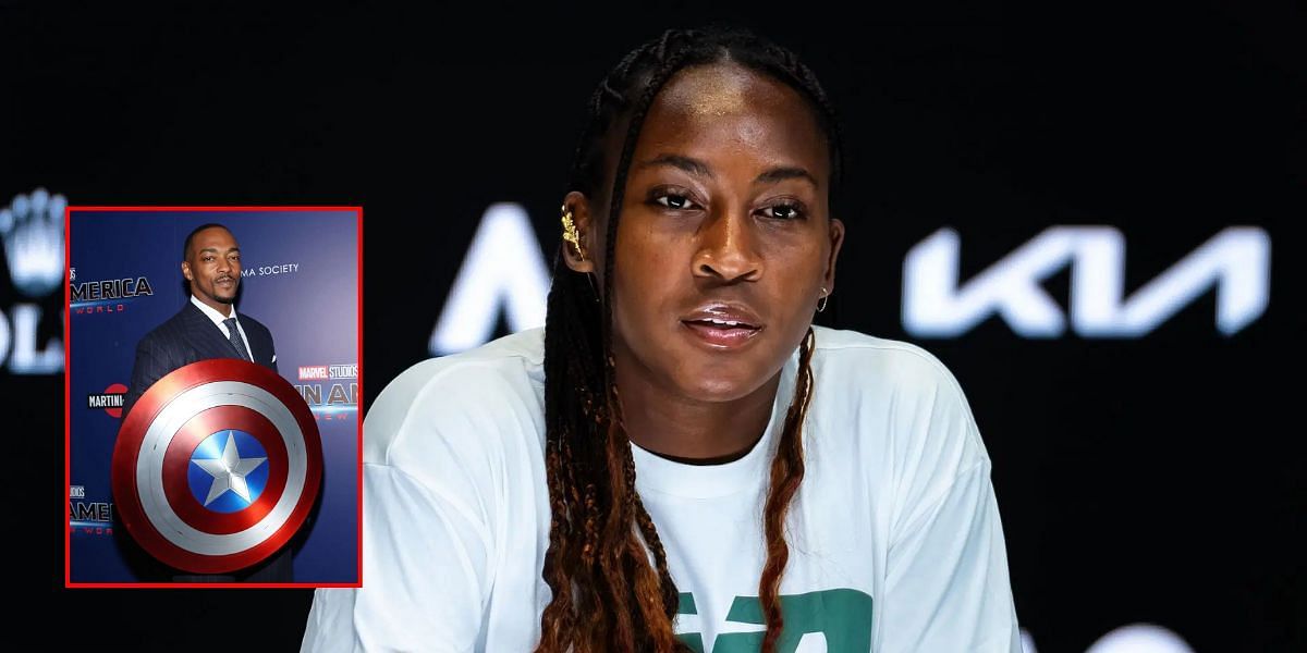 Coco Gauff, Anthony Mackie with the Captain America shield (inset) | Getty