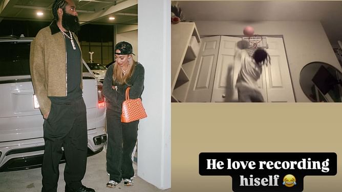 James Harden's girlfriend Paije Speights drops hilarious message on son's recordings of practicing layups on kids' hoops