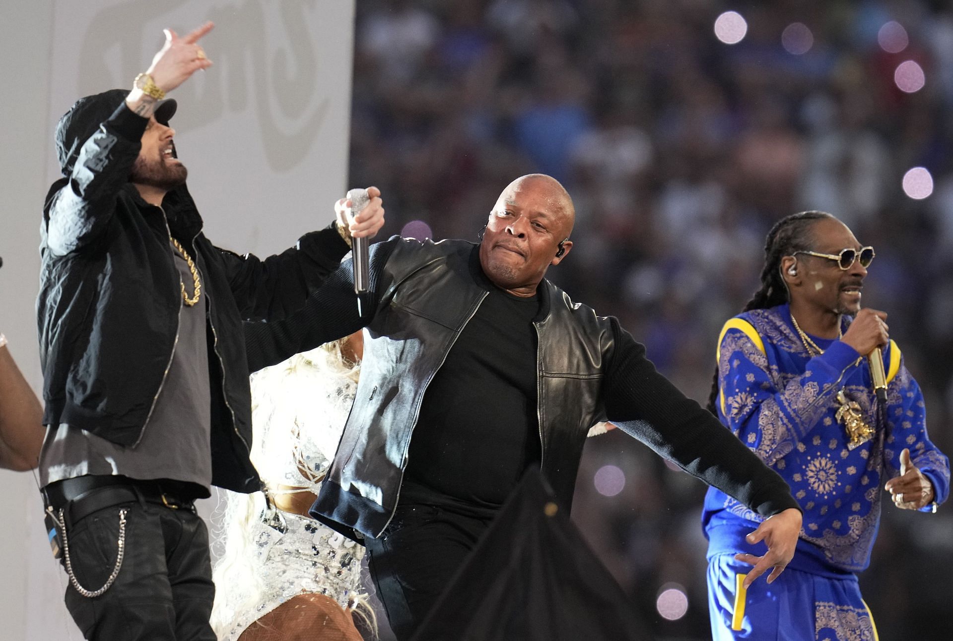 Dr. Dre along with Eminem and Snoop Dogg at the Super Bowl halftime show in 2022. Source: Getty