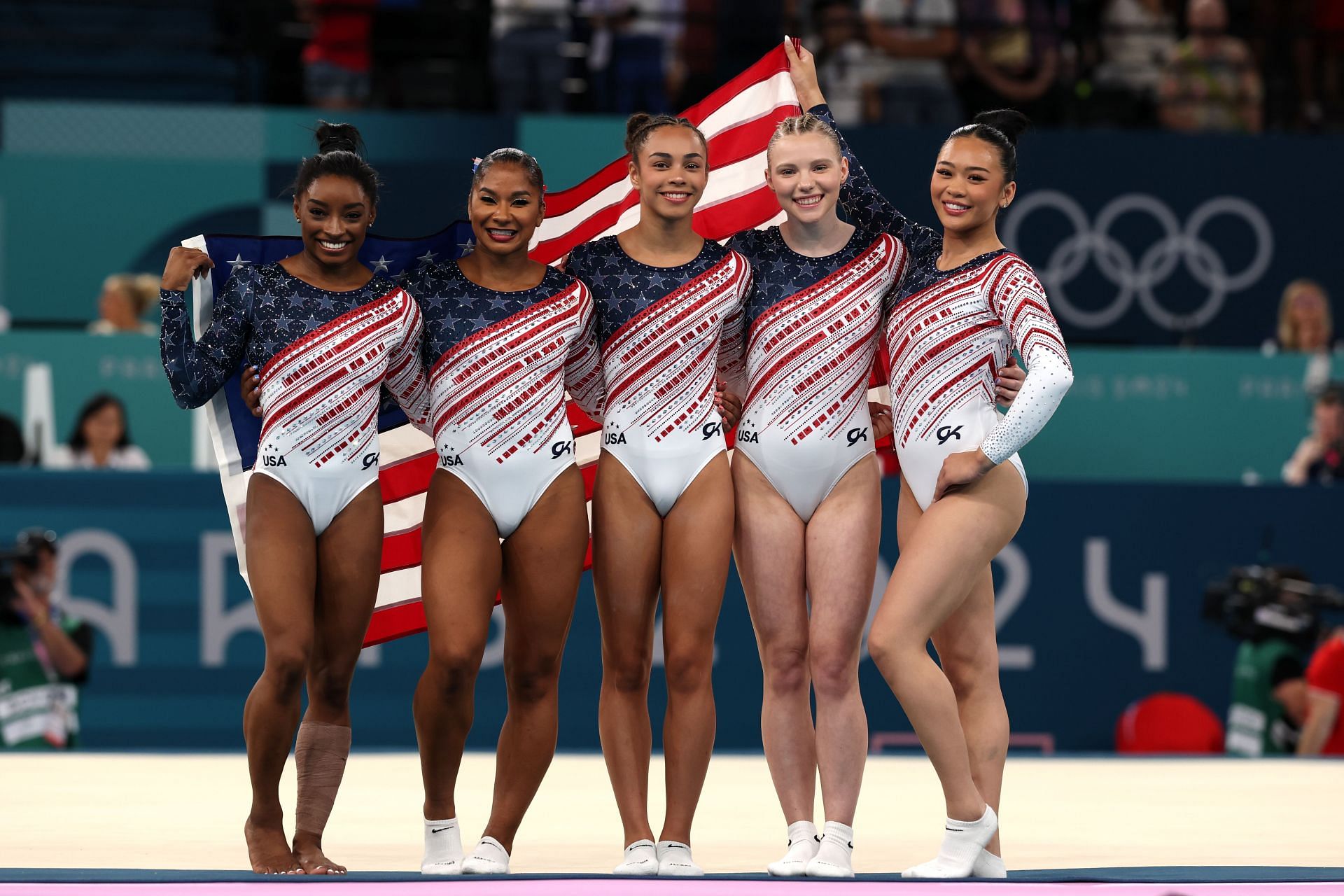 Simone Biles, Jordan Chiles, Hezly Rivera, Jade Carey, and Sunisa Lee of Team United States at the Olympic Games in Paris, France. (Photo by Getty Images)