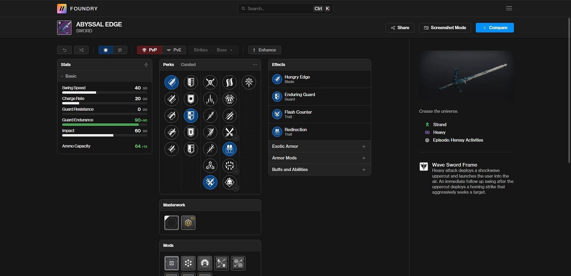 Abyssal Edge PvE god roll (Image via Bungie/Destiny Foundry)