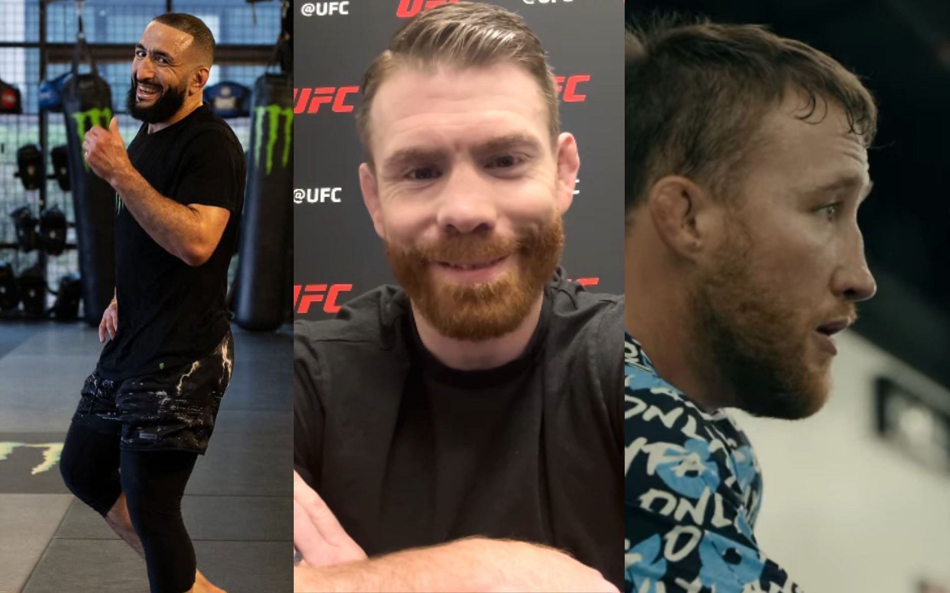 Paul Felder (middle) hilariously reacts to Belal Muhammad (left) suggesting he steps in on short notice to fight Justin Gaethje (right) at UFC 313. [Image credit: @bullyb170, @felderpaul, @justin_gaethje on Instagram]