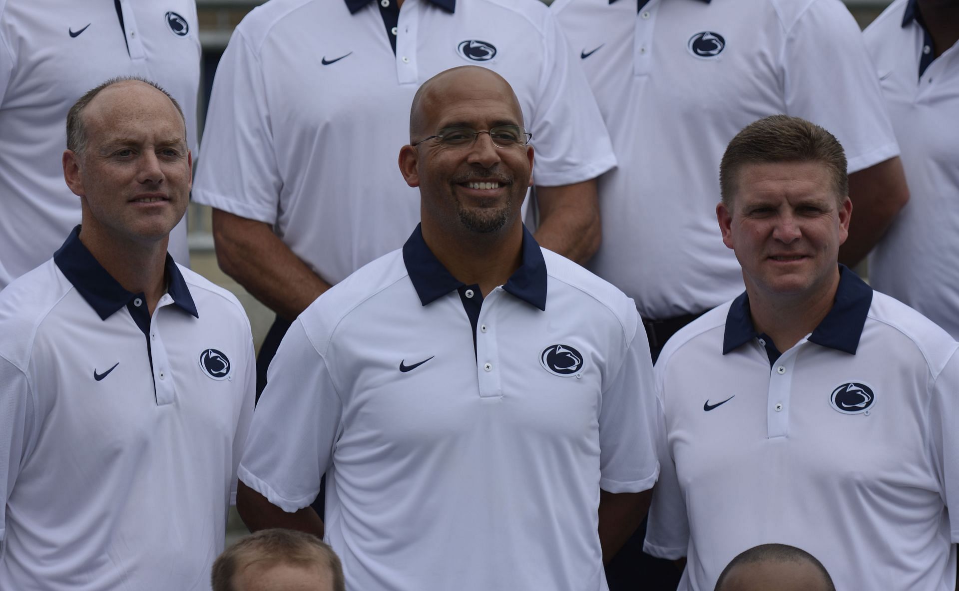 Penn State offensive coordinator John Donovan, Penn State head coach James Franklin, Penn State defensive coordinator Bob ShoopPenn State Nittany Lions football photo day at Beaver Stadium. Photo by Jeremy Drey 8/9/2015 - Source: Getty