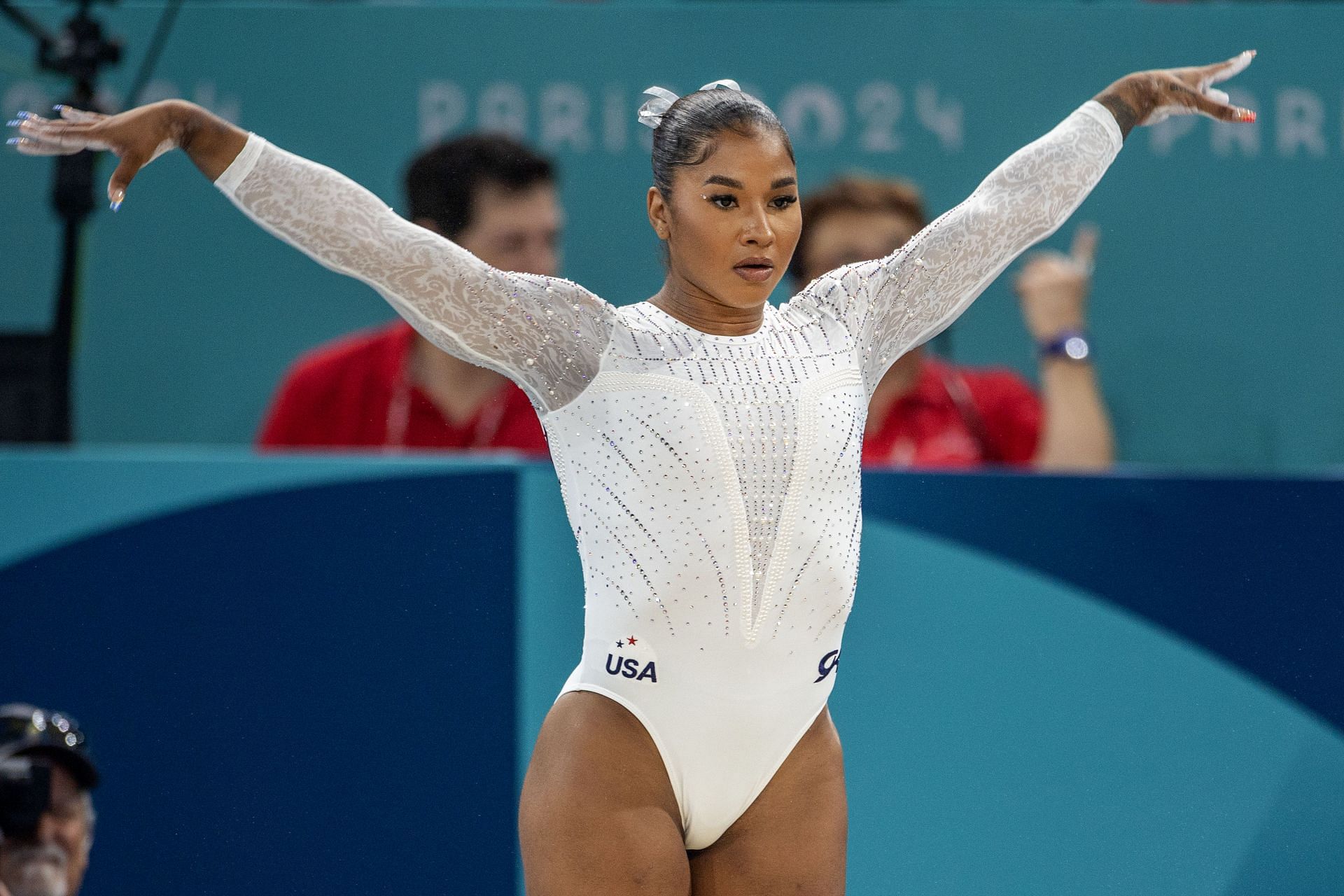 Jordan Chiles of the United States performs her routine during the Summer Olympic Games in Paris, France. (Photo via Getty Images)