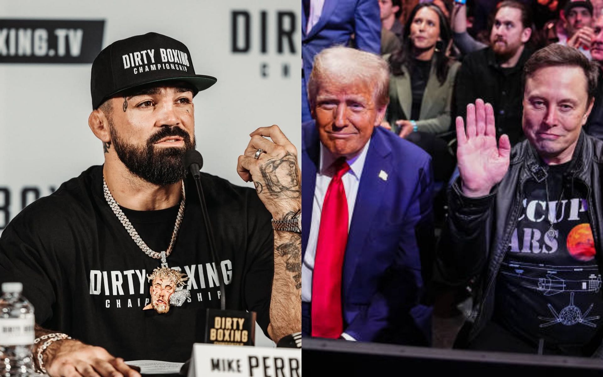 Mike Perry (left) displays his fighting prowess to Elon Musk (right) and Donald Trump (center). [Images courtesy: @platinummikeperry on Instagram and Getty]