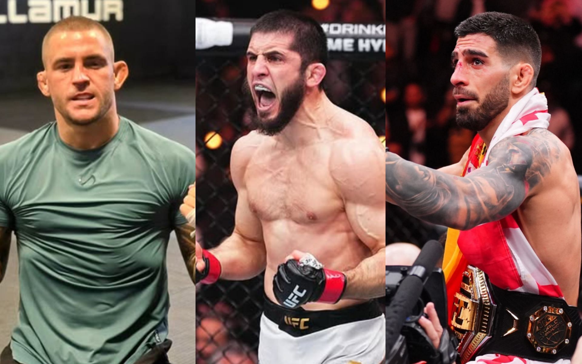 Dustin Porier (left) shared his thoughts on a potential Islam Makhachev (center) vs. Ilia Topuria (right) fight. [Images courtesy: @dustinpoirier, @islam_makhachev and @iliatopuria on Instagram]