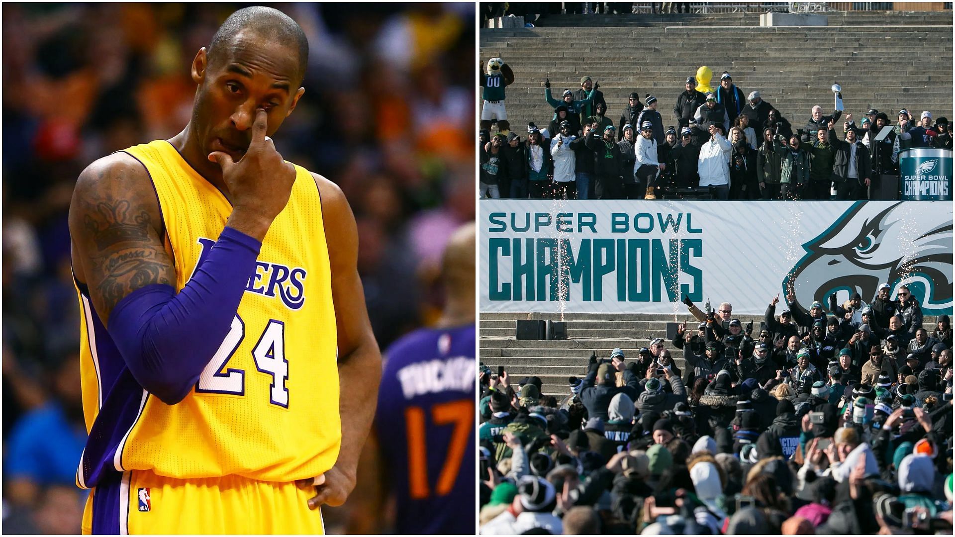 When Kobe Bryant was an emotional picture after Eagles last won the Super Bowl in 2018. (Photos: IMAGN)