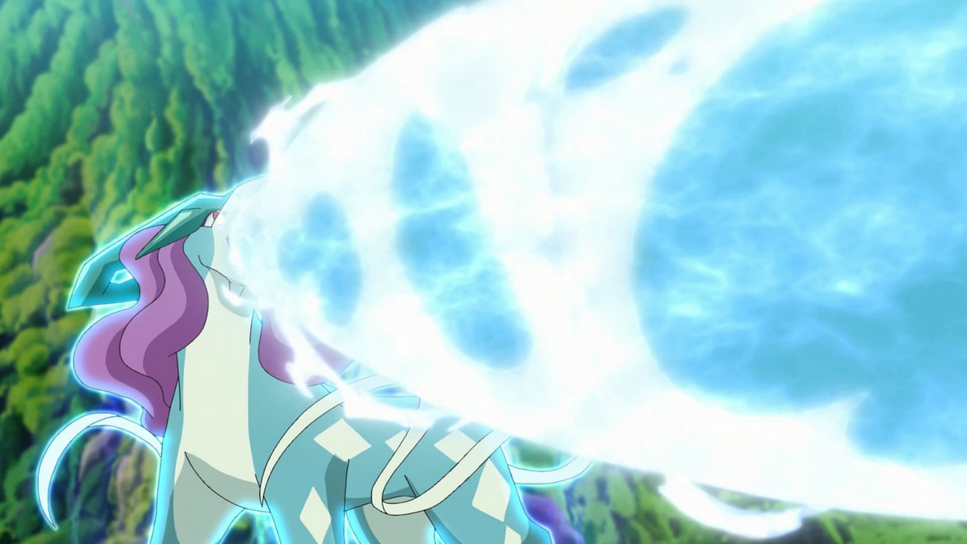 Suicune is seen using water-based moves in the anime (Image via The Pokemon Company)