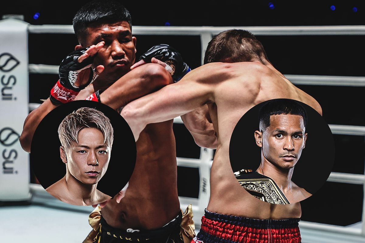 Rodtang fighting Jacob Smith in November 2024. (inset left: Takeru) (inset right: Superbon) [Photos via: ONE Championship]