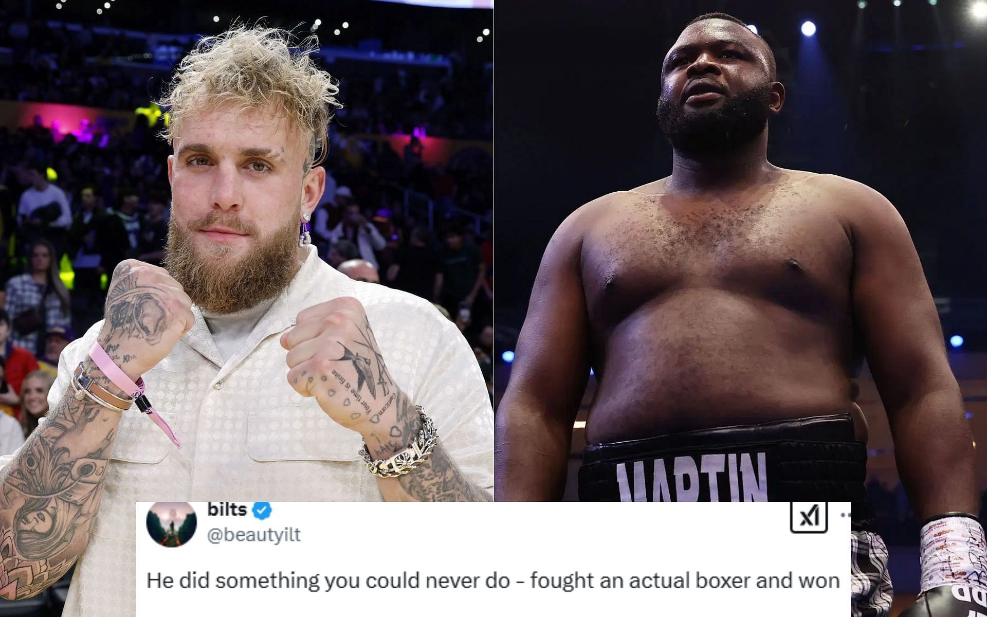 Jake Paul (left) uploads a post about Martin Bakole (right) [Image courtesy: Getty]