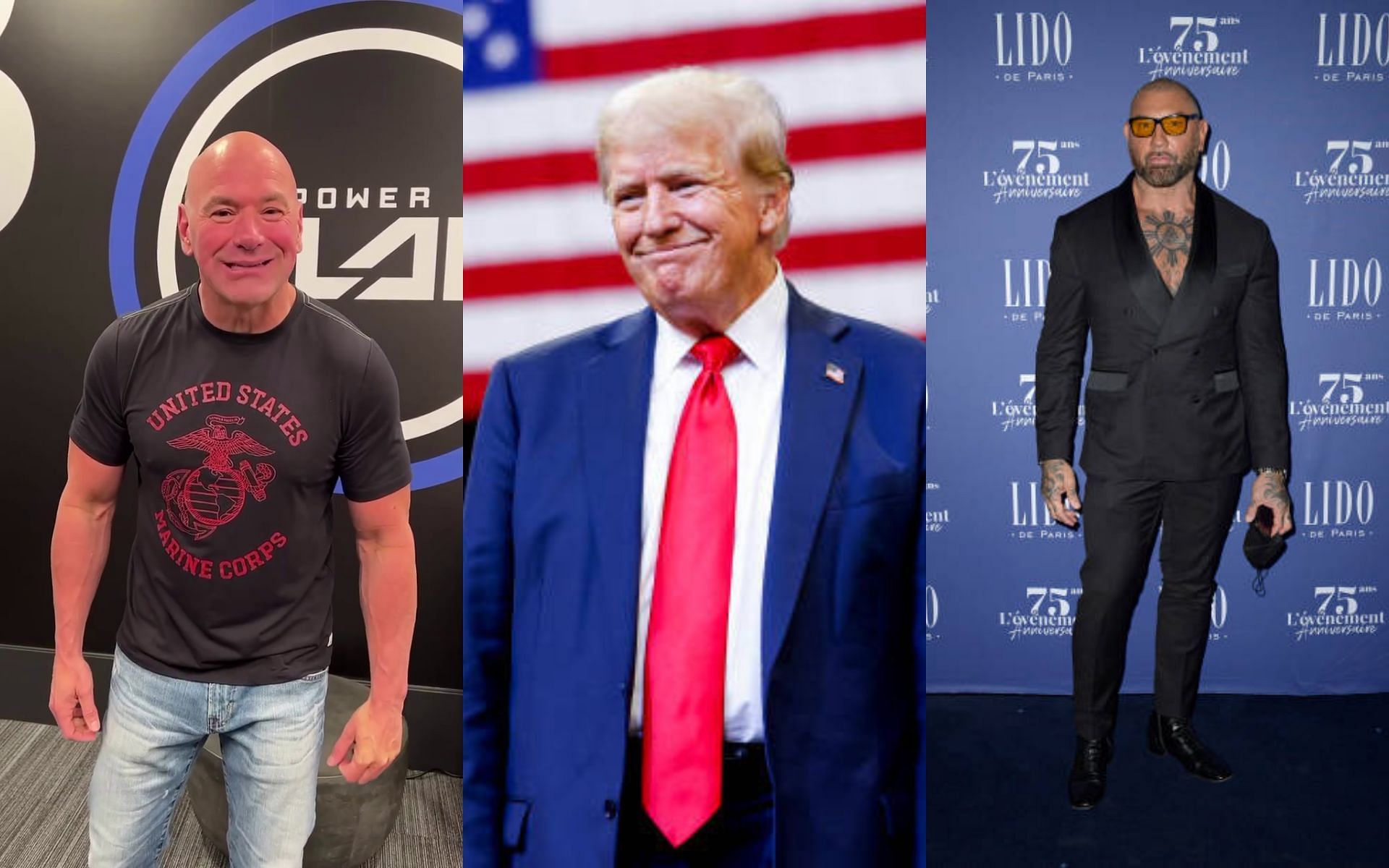 Dana White (left) slams Dave Bautista (right) for mocking Donald Trump (center). [Images courtesy: @danawhite on Instagram and Getty]