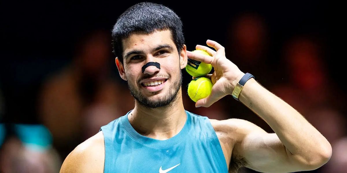 Carlos Alcaraz continues to use a nasal strip during his Rotterdam campaign (Image Source: Getty)