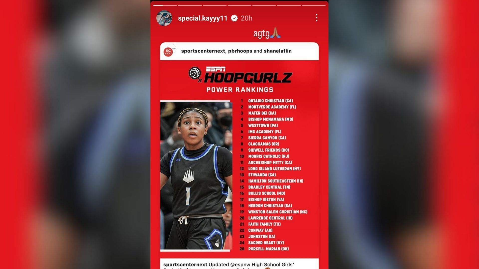 Elite sophomore prospect Kaleena Smith shares 1-word reaction to Ontario Christian&#039;s latest high school power rankings by ESPN. (Image via Instagram @sportscenternext)