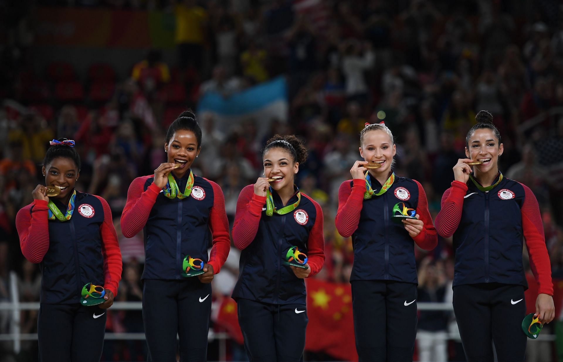 Simone Biles, Gabby Douglas, Lauren Hernandez, Madison Kocian, and Aly Raisman of the United States at the 2016 Olympic Games in Rio de Janeiro, Brazil. (Photo by Getty Images)