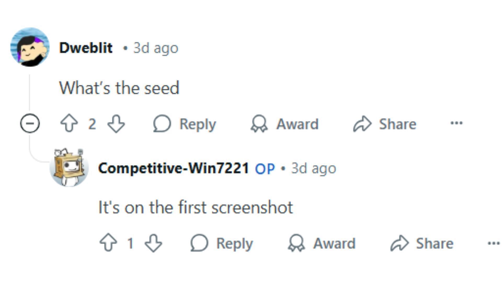 Redditors wanted to know the seed (Image via Reddit/u/Competitive-Win7221)