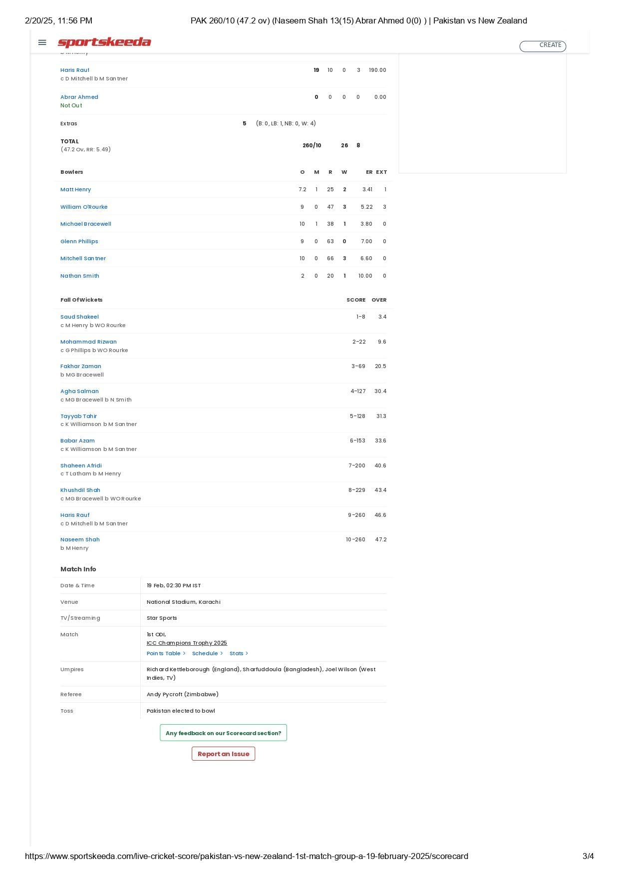 PAK vs NZ 2025 Champions Trophy scorecard. [Credits: Sportskeeda]