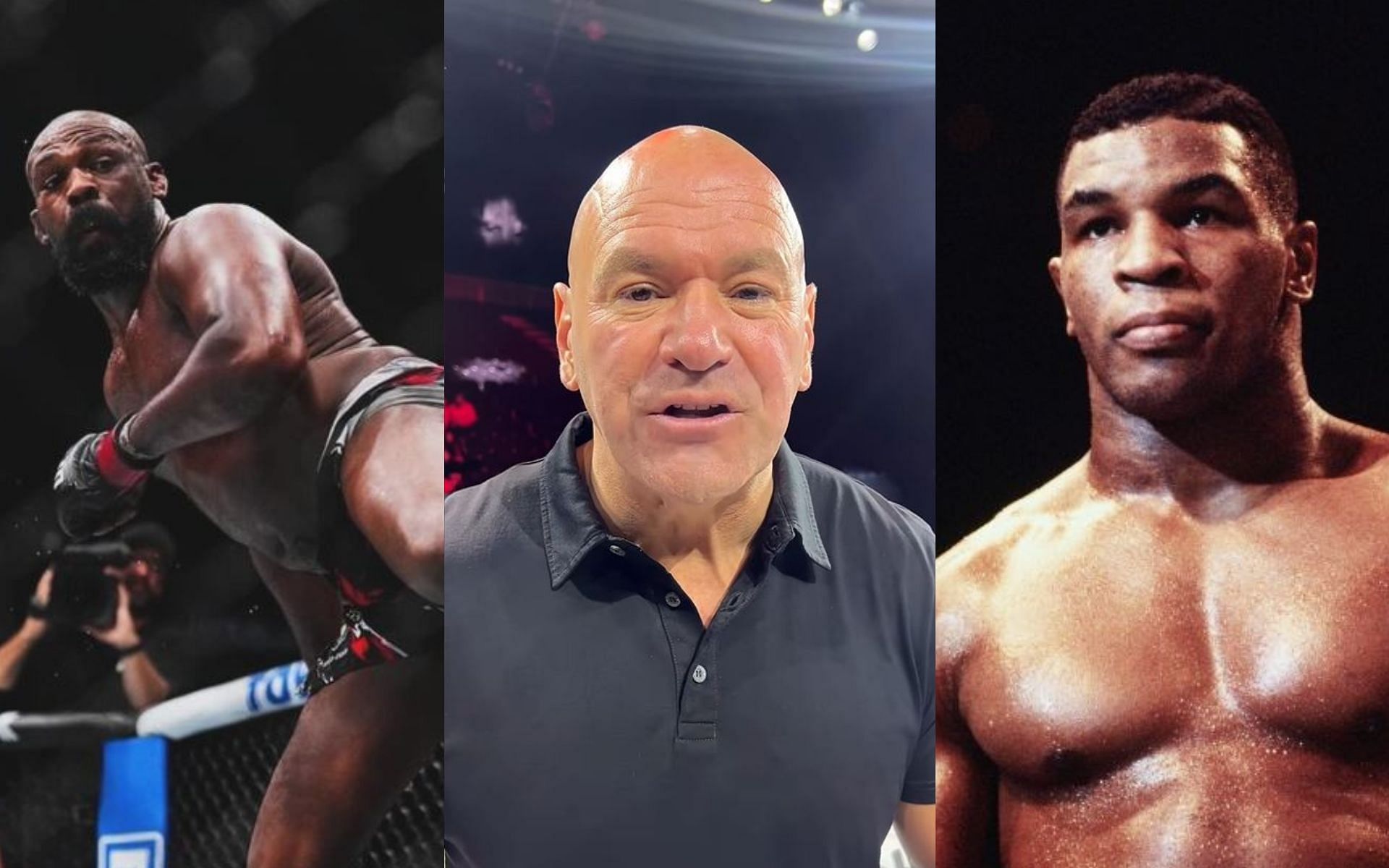 Dana White (middle) was asked who would he rather face, peak Jon Jones (left) or peak Mike Tyson (right).  [Image credit: @jonnybones, @danawhite, @miketyson on Instagram]