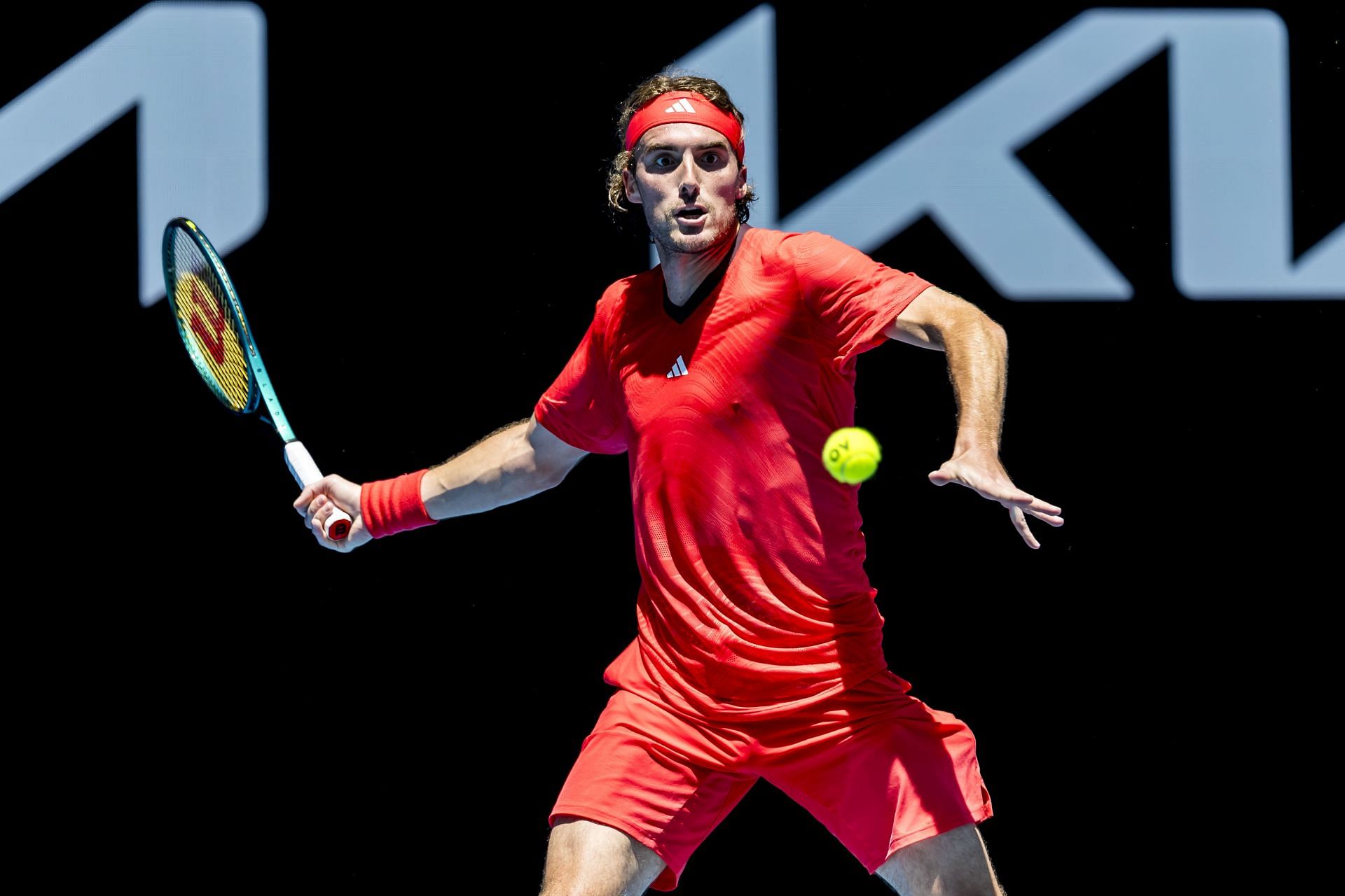 Stefanos Tsitsipas hits a forehand (Source: Getty)