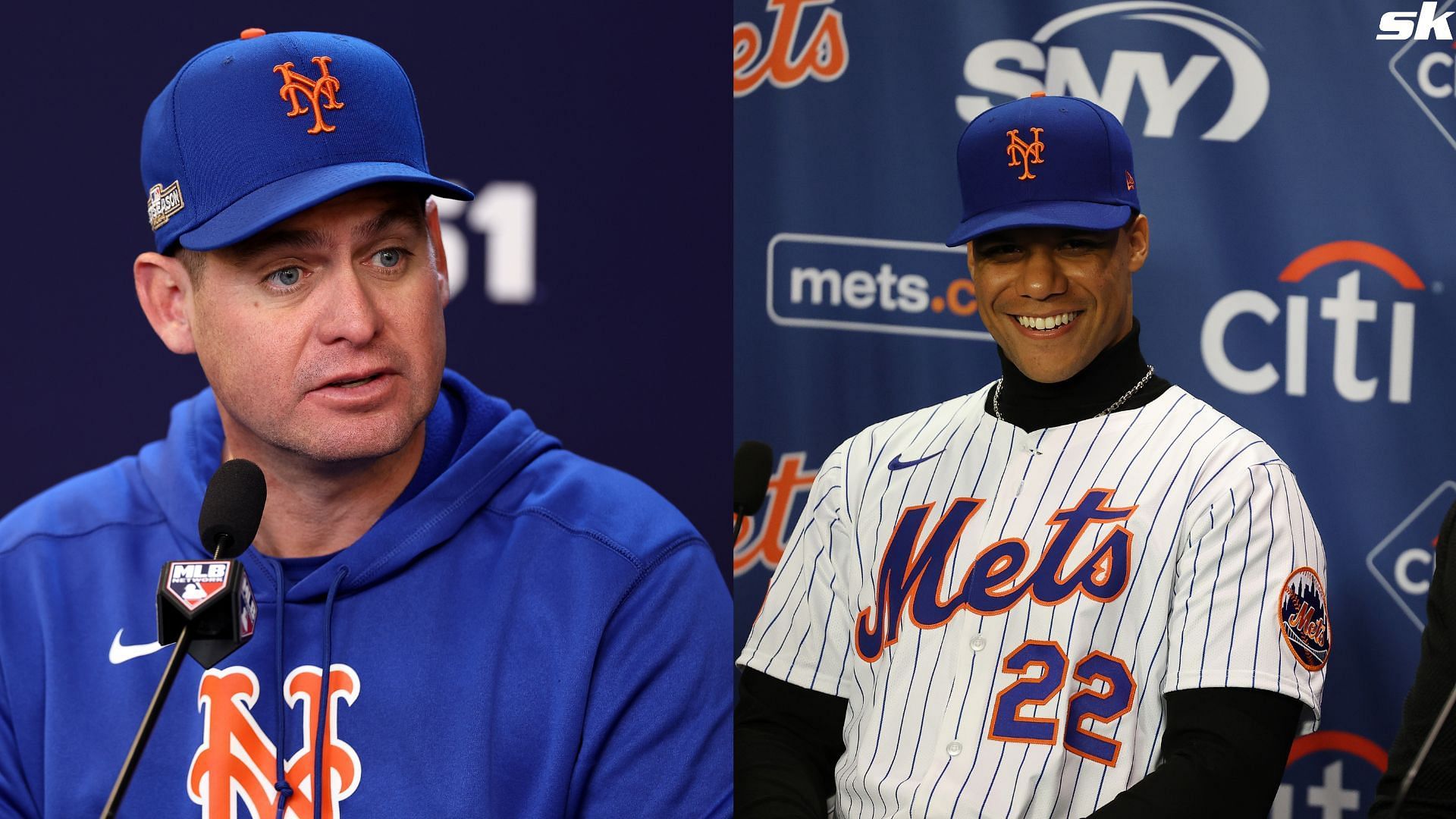 Juan Soto of the New York Mets sits at the dias during his introductory press conference at Citi Field (Source: Getty)