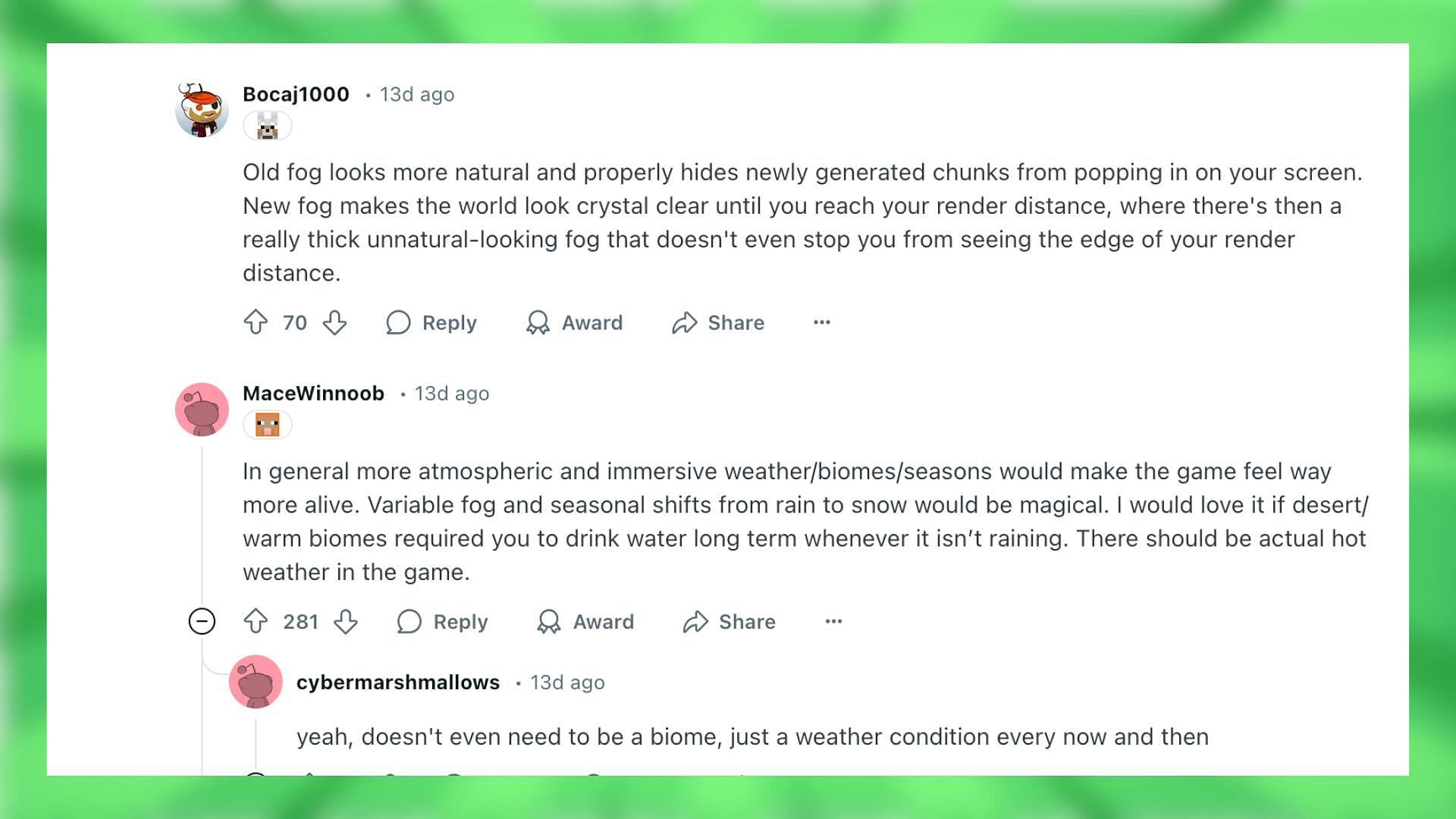 Players talk about the old fog effect, and suggest ideas for atmospheric ambience (Image via Reddit/Kindly-Ad-9742/Mojang Studios)