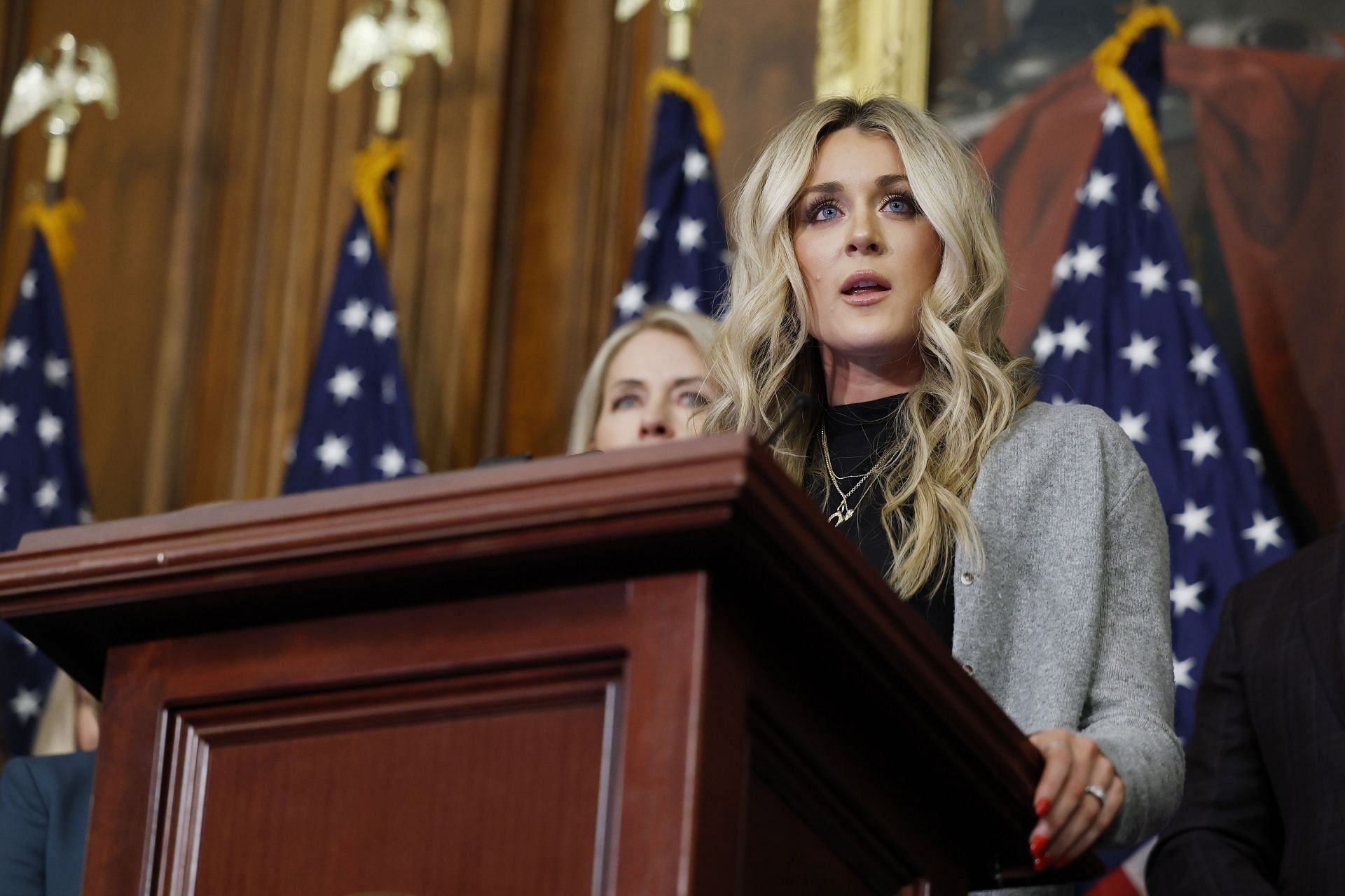 Riley Gaines speaks at a news conference at the U.S. Capitol in Washington, DC. (Photo by Getty Images)